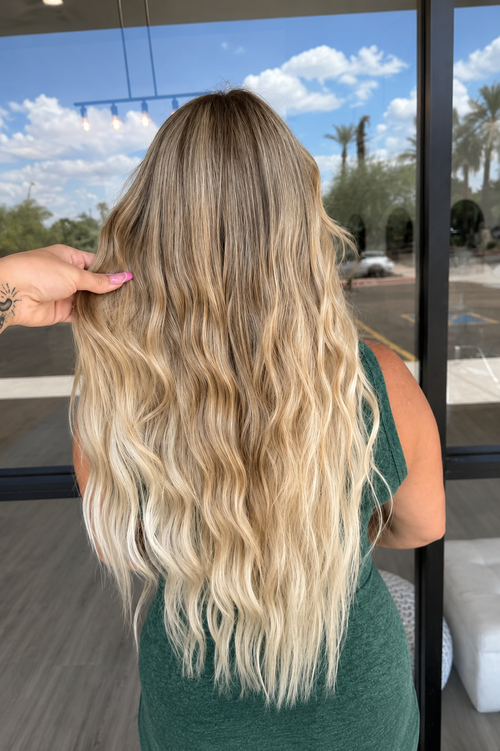 Blonde balayage waves — Beach Blonde Beauty Bar client result