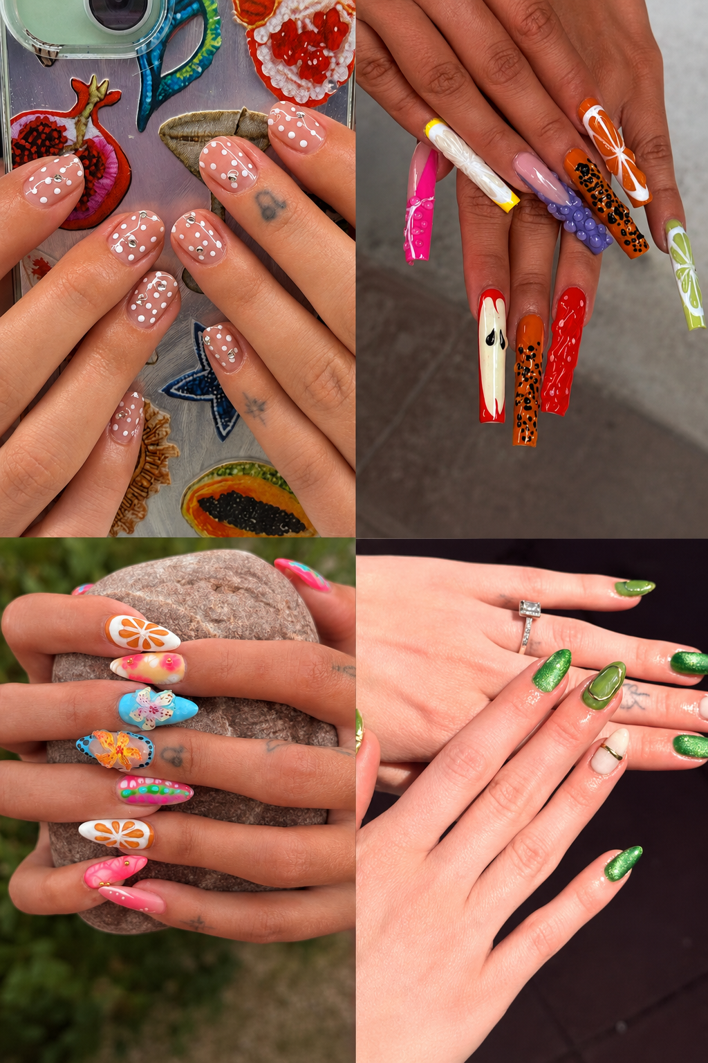 Nail art work by M Vogue Nails — vibrant designs including florals, fruit motifs, and glitter